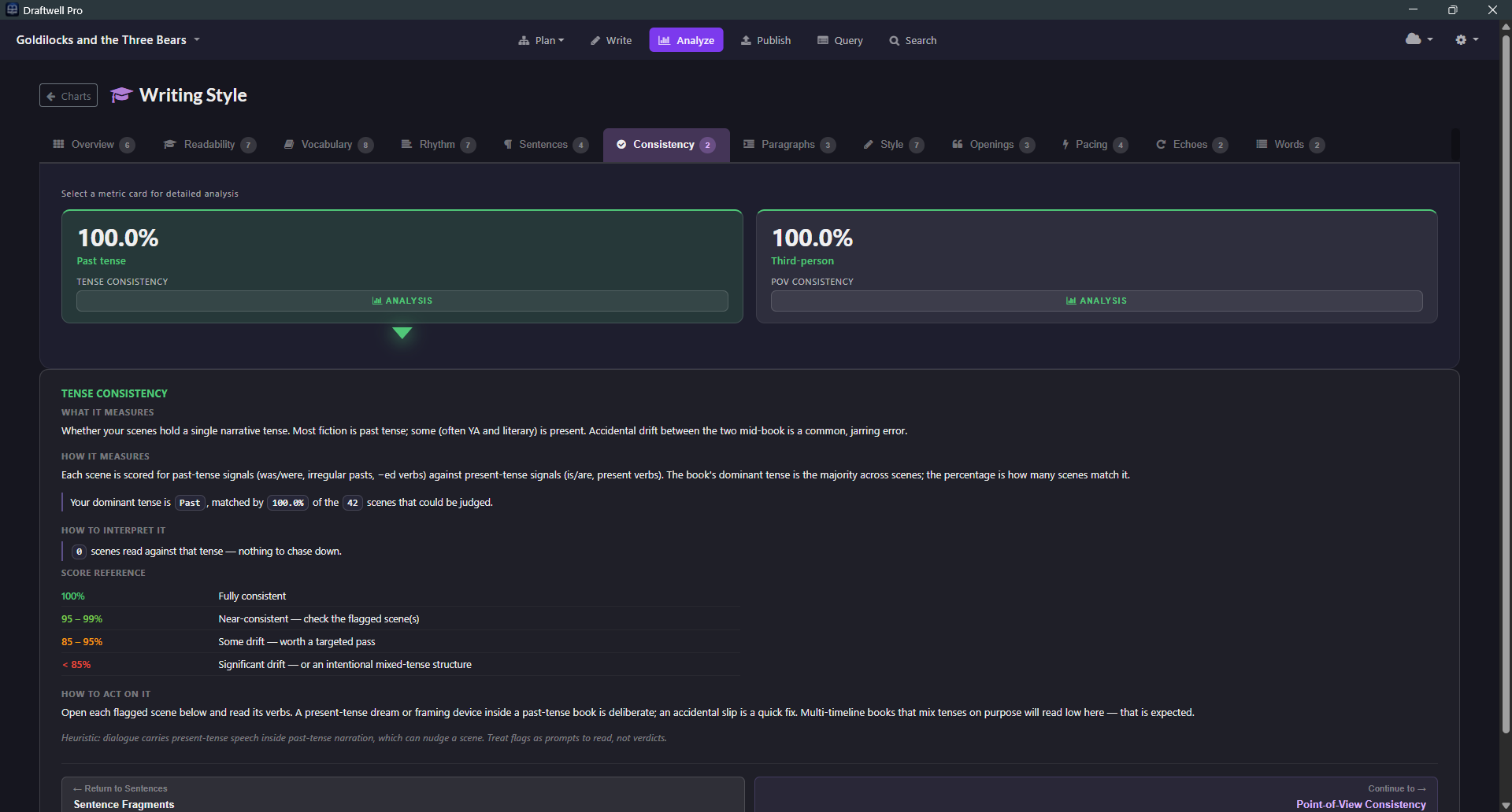 Tense and POV consistency analysis
