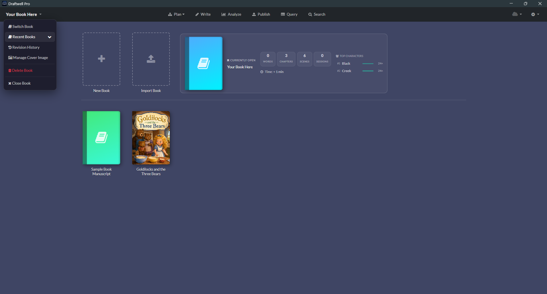 Book selection screen