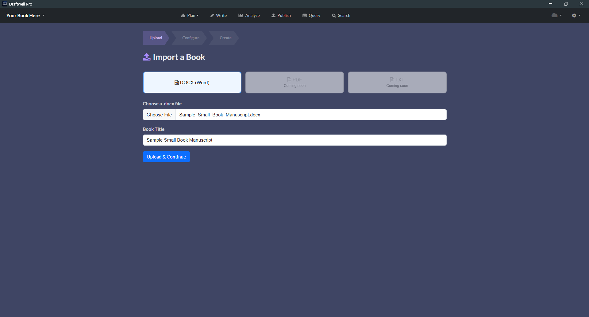 Import a book — select a docx file