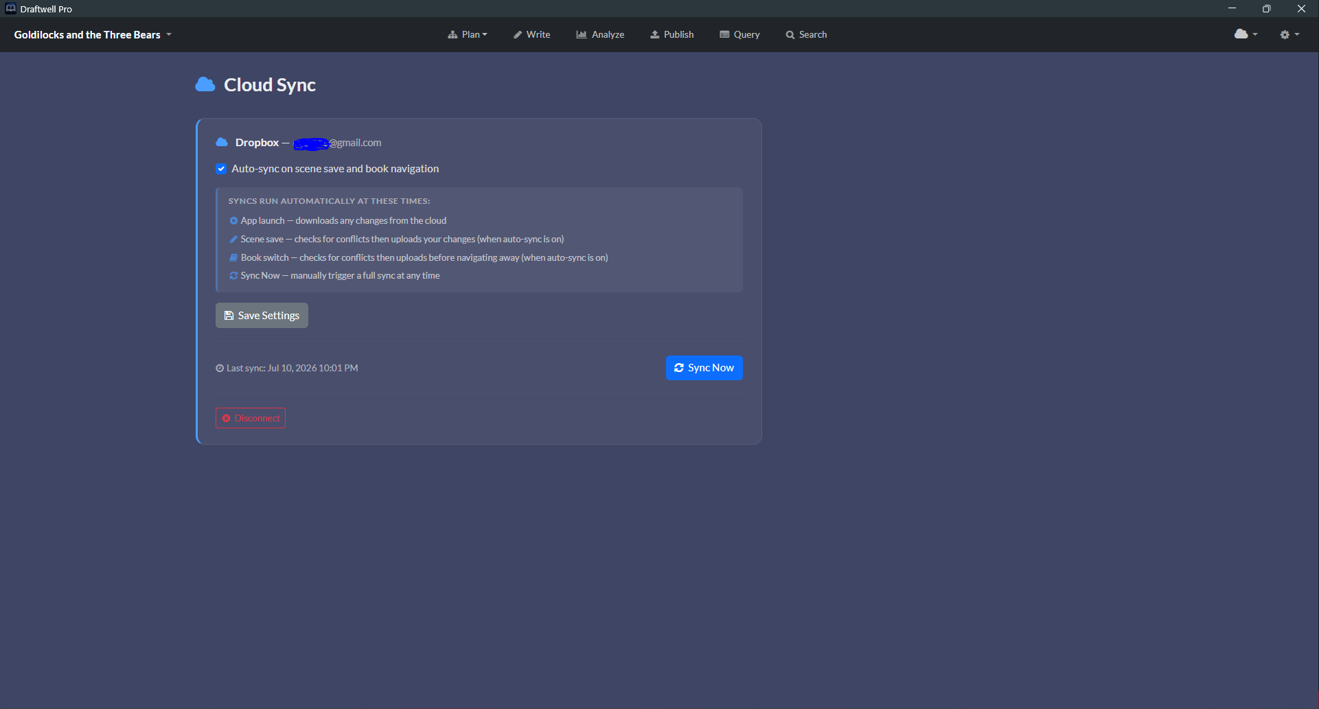 Cloud sync settings and status