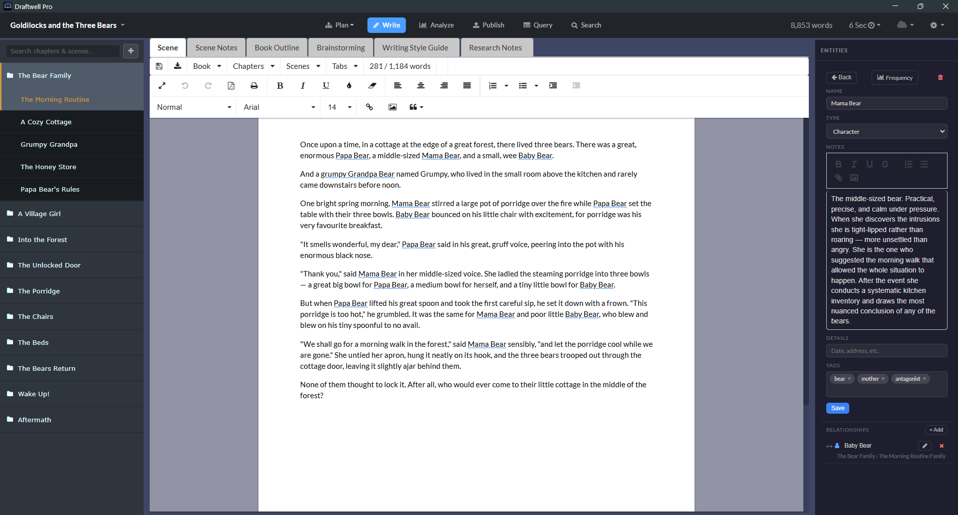 Writing environment with entity panel open