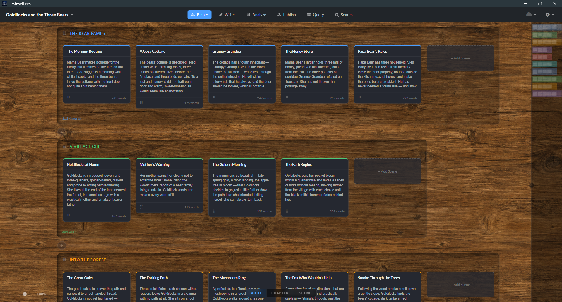 Outline mode — chapter and scene planning board