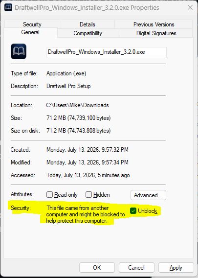 Installer Properties dialog with the Unblock checkbox checked