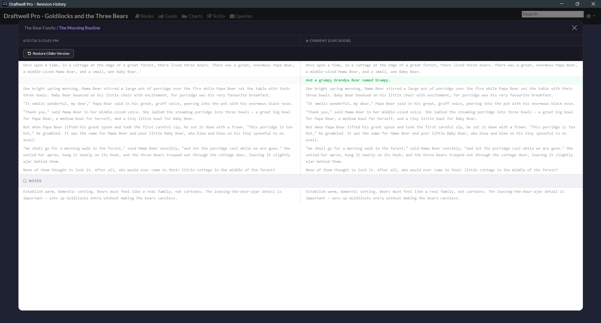 Revision comparison view